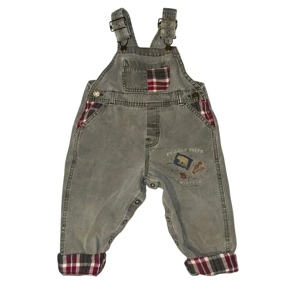 Vintage Y2K 90s Oshkosh Overalls Vestbak Patchwork Plaid Denim 24‎ Months Bear